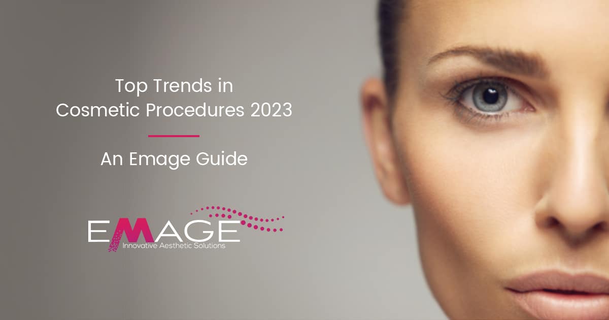 Half of a model’s sculpted face takes up the right side next to Emage Medical information in pink and white text