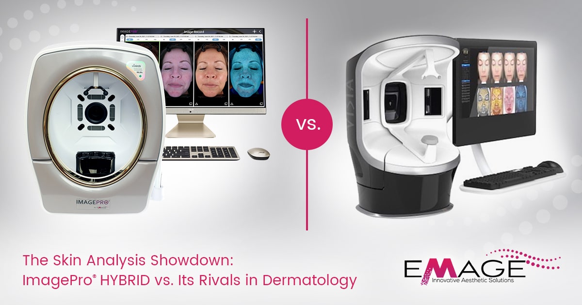 The ImagePro® HYBRID skin analysis system next to a competitor device