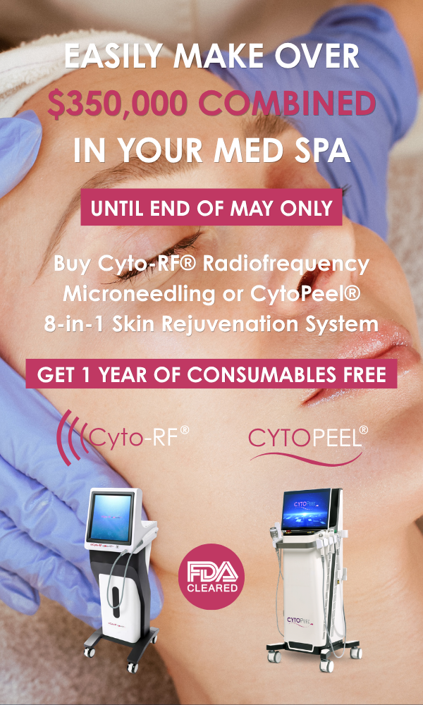 Med spa facial treatment: a person receiving radiofrequency microneedling; Cyto-RF and CytoPeel devices for skin rejuvenation