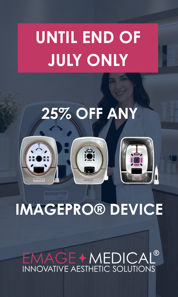 25% off ImagePro device until end of July—Emage Medical ad with a person in clinic and three aesthetic imaging machines