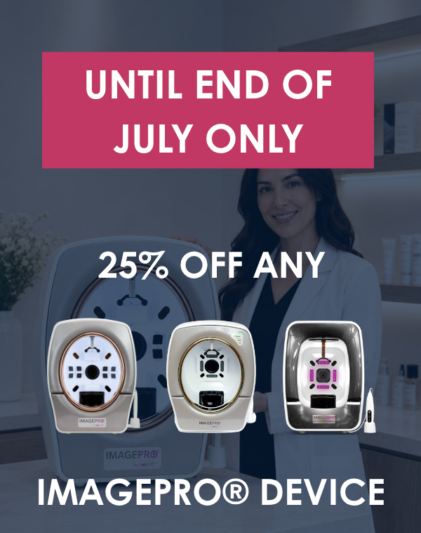 Skincare clinic promo: woman with IMAGEPRO® devices, 25% off any IMAGEPRO® device until end of July.
