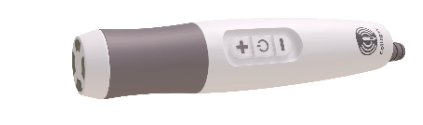 Handheld electronic device with plus, minus, and power buttons, white and gray ergonomic design on white background