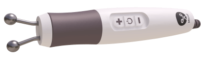 Handheld microcurrent facial massager with dual metal spheres and control buttons, white and gray beauty device