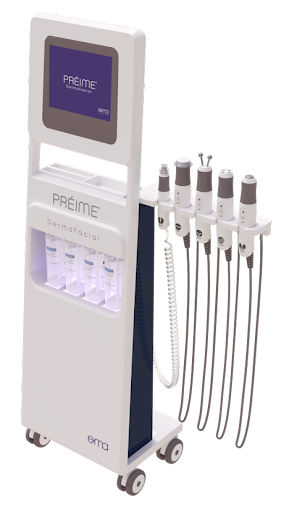 Préime DermaFacial machine with touchscreen, serum cartridges, and four treatment handpieces on wheeled base