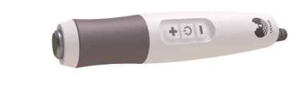 Handheld ultrasound probe with plus and minus controls, gray and white medical imaging device