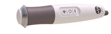 Handheld medical device with metal applicator tip and +/– control buttons on white body, isolated on transparent background